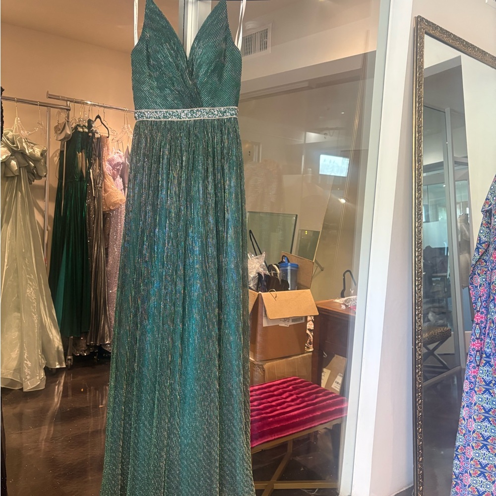 Green Beaded Prom Dress Sz S Long Formal Evening Gown Sleeveless A-Line Sparkly